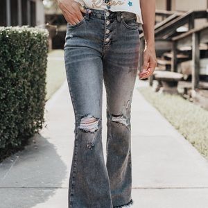 Risen Grey Charcoal Distressed Denim Flare Bellbottom